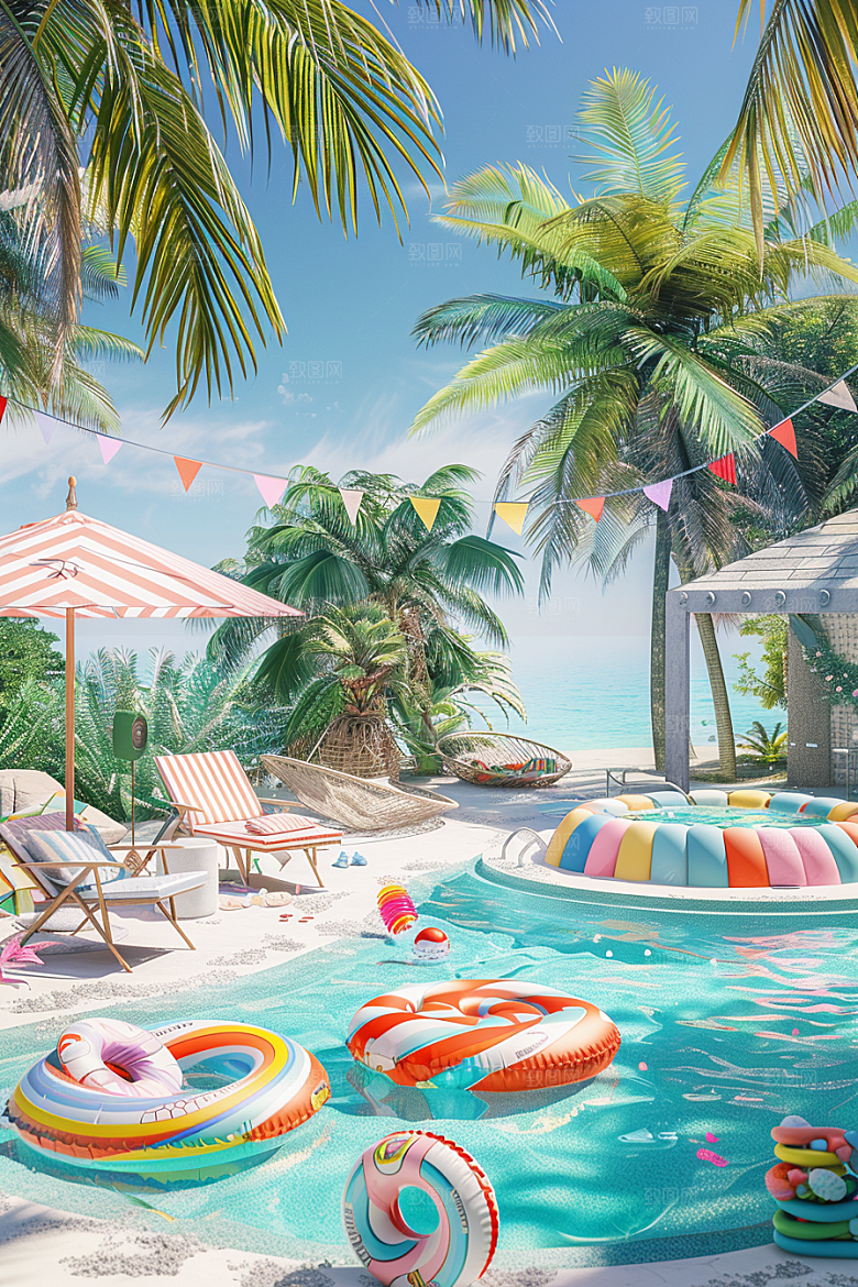 C4D海滩风光夏日模型