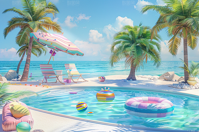 C4D海滩琉璃大海3D模型