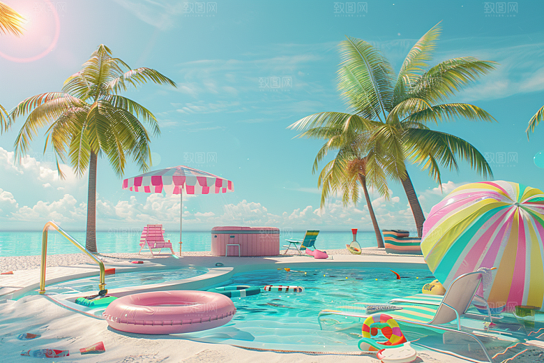 C4D海滩琉璃大海风光模型