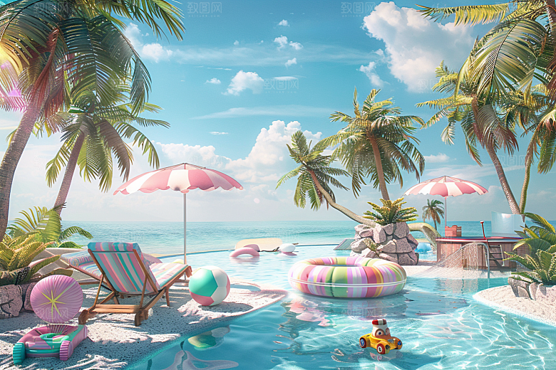 C4D海滩立体夏日模型