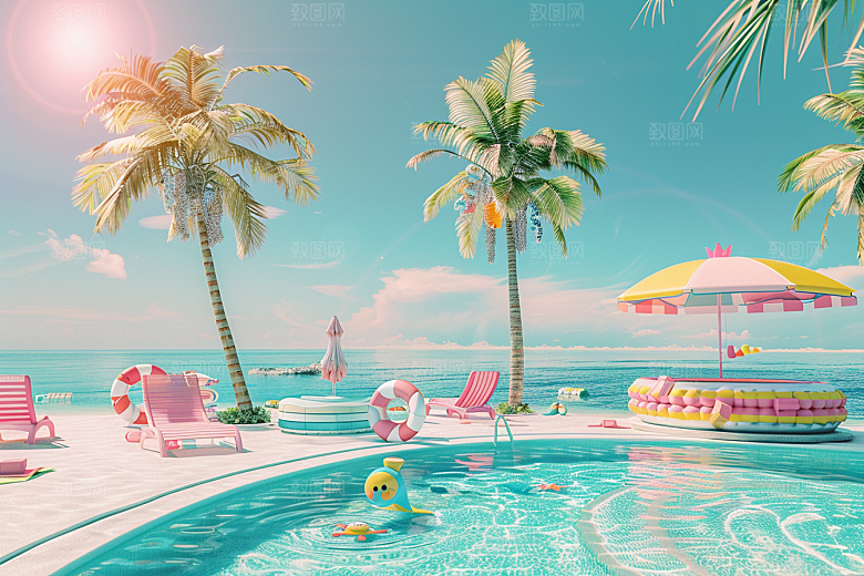 C4D海滩立体3D模型