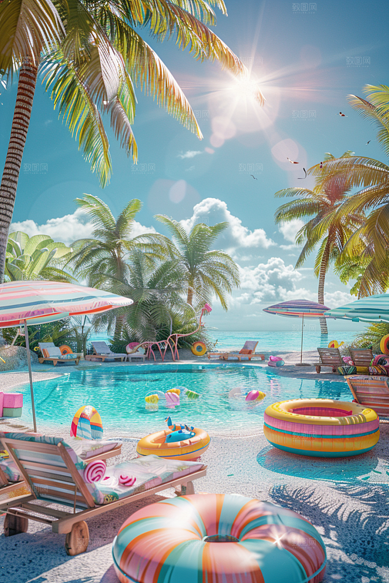 C4D海滩度假夏天模型