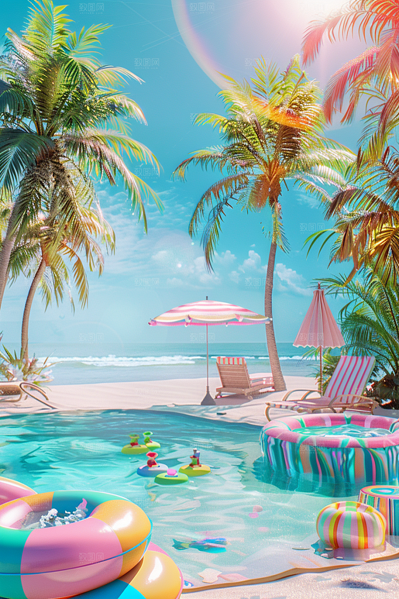 C4D海滩夏天立体模型