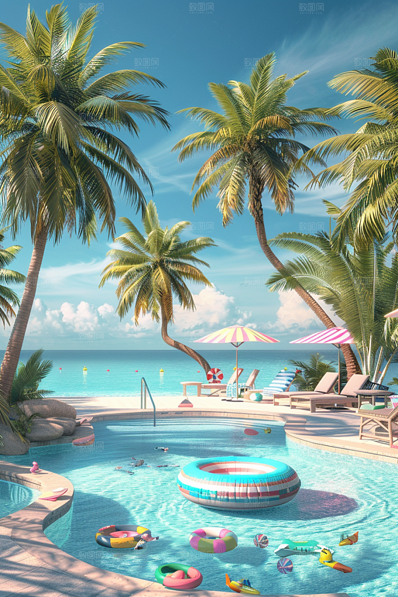 C4D海滩高清夏日模型