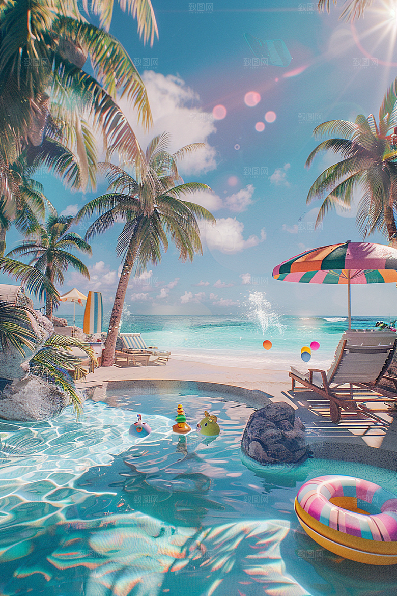 C4D海滩风光琉璃大海模型