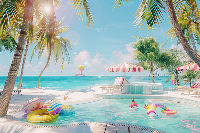 C4D海滩大海夏日模型