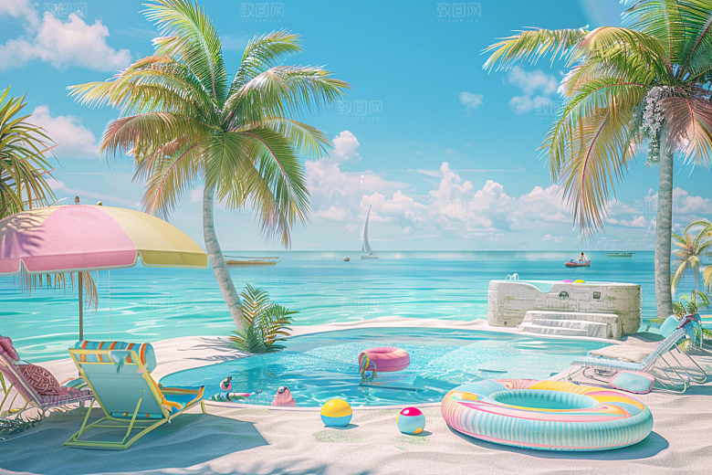 C4D海滩风光度假模型