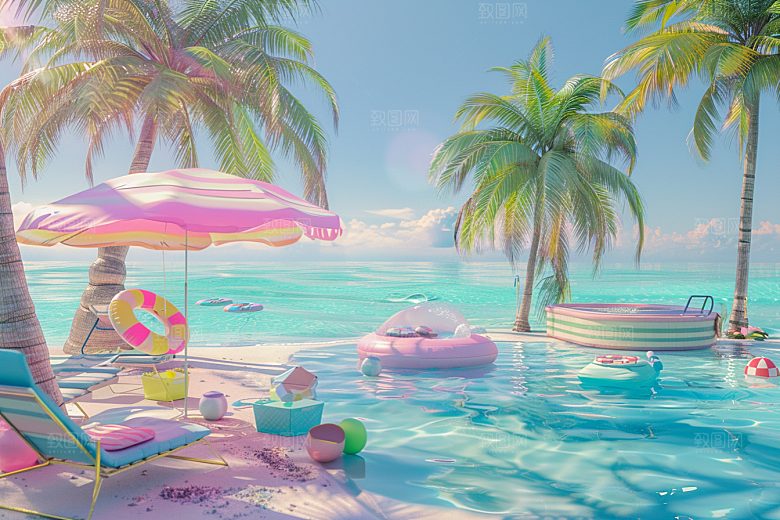 C4D海滩立体夏日模型