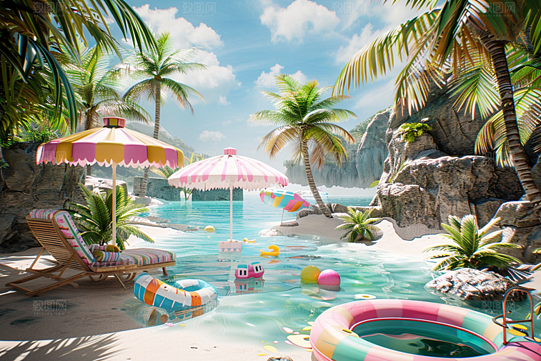 C4D海滩立体3D模型