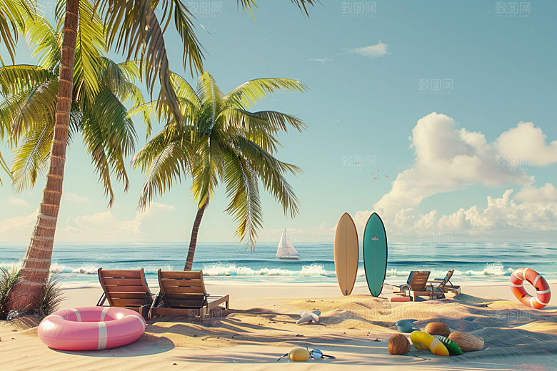 C4D海滩3D琉璃大海模型