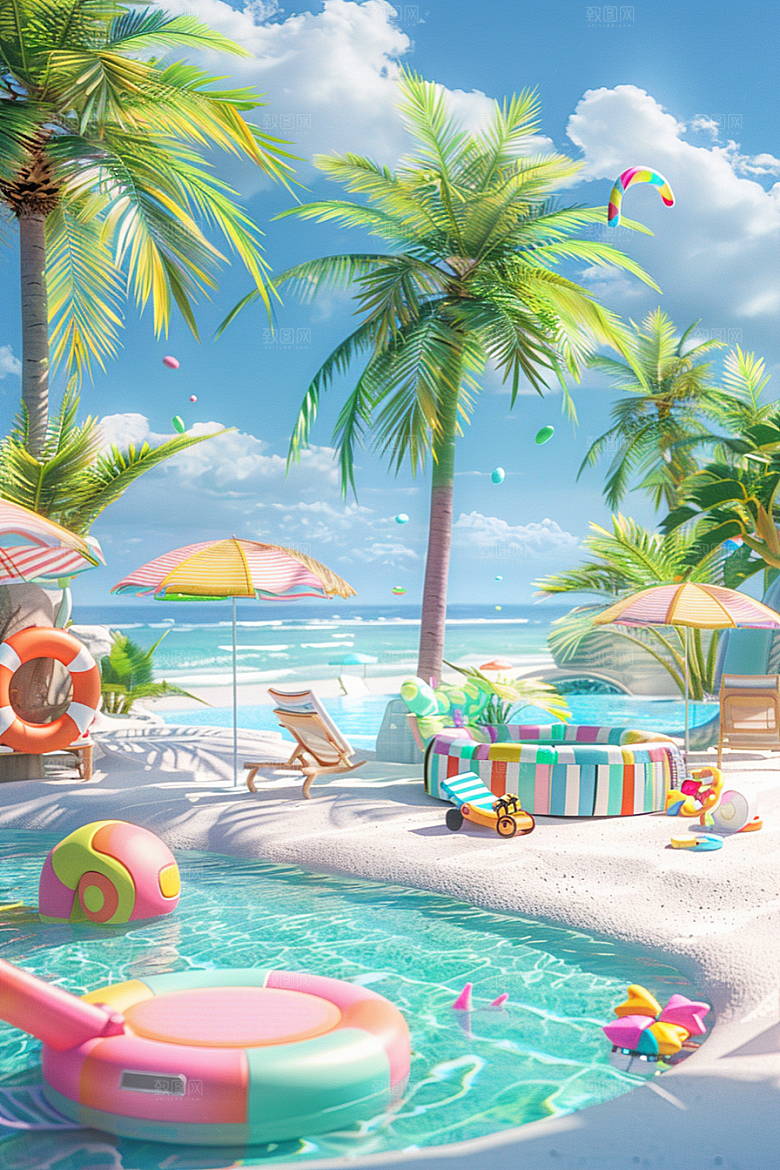 C4D海滩琉璃大海3D模型
