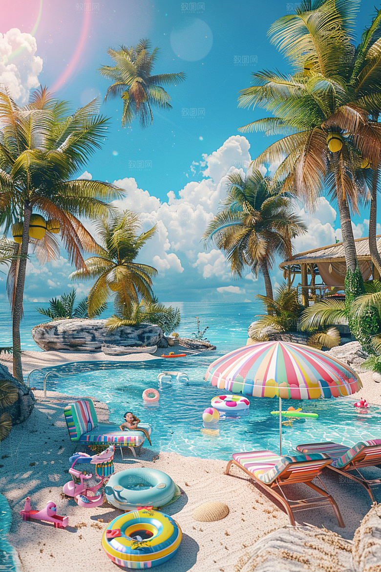 C4D海滩3D薄荷色模型