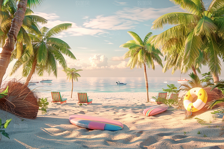 C4D海滩度假夏天模型
