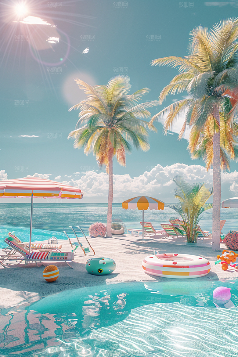 C4D海滩度假大海模型