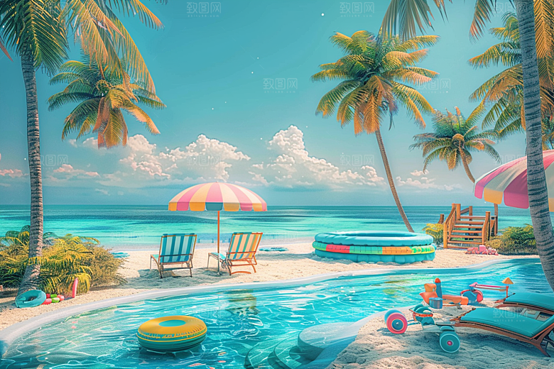 C4D海滩高清薄荷色模型