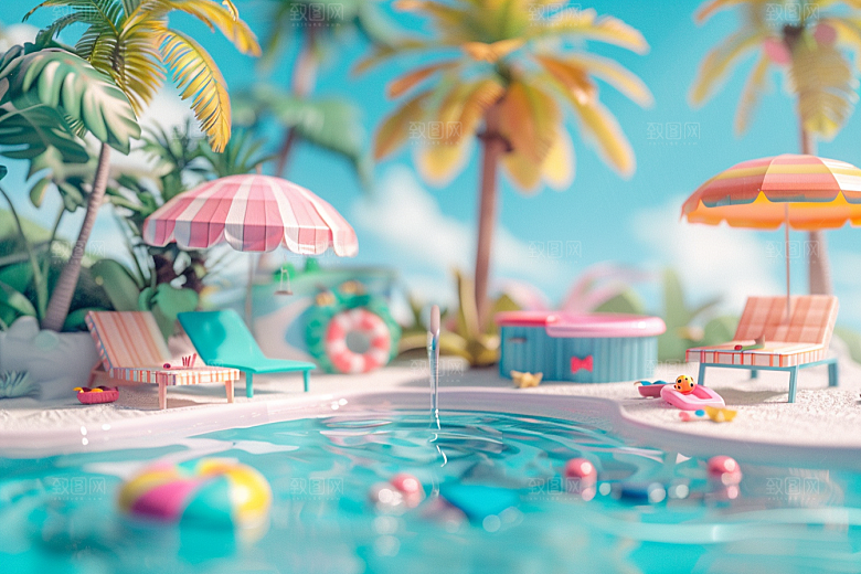 C4D海滩风光夏天模型