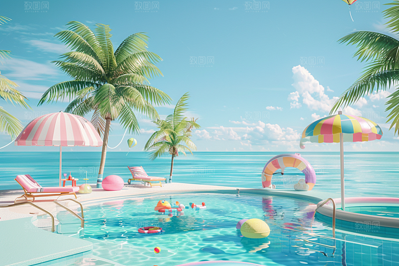C4D海滩琉璃大海立体模型