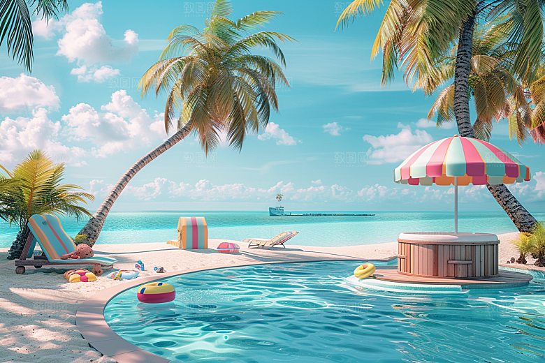 C4D海滩琉璃大海立体模型