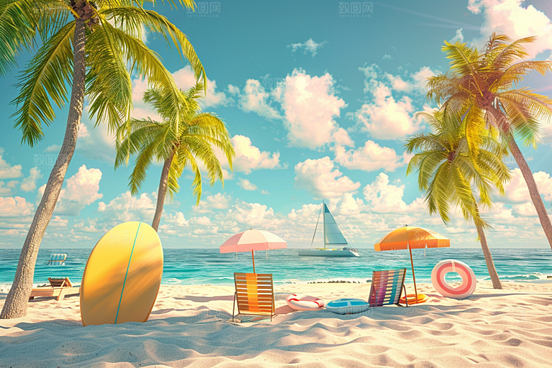 C4D海滩夏天风光模型