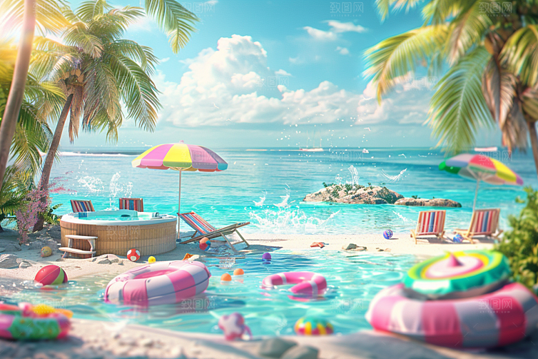 C4D海滩琉璃大海夏日模型