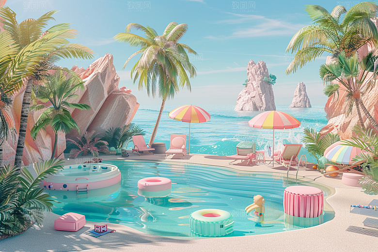 C4D海滩琉璃大海3D模型
