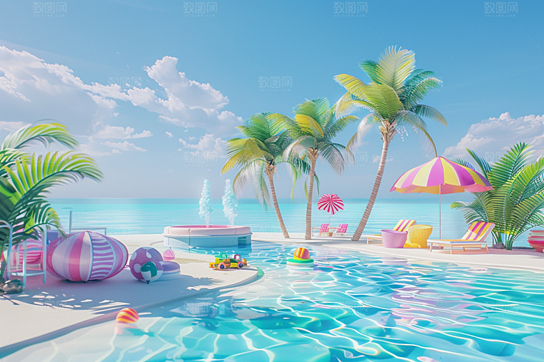 C4D海滩夏天沙滩模型