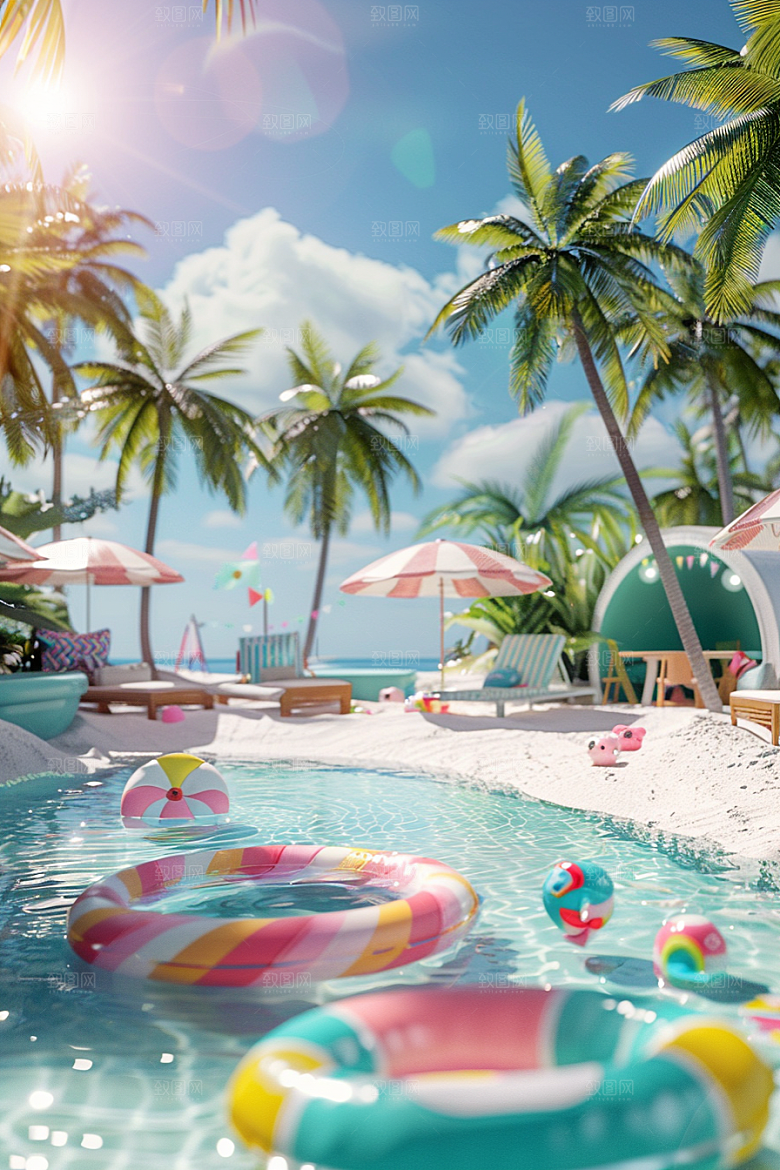C4D海滩琉璃大海风光模型