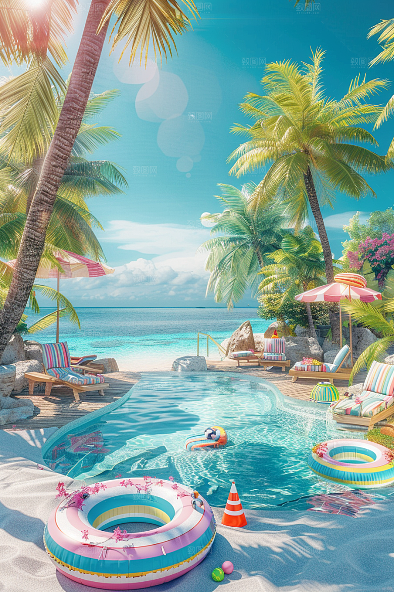 C4D海滩琉璃大海立体模型