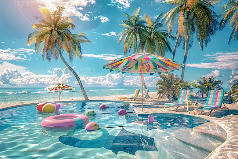 C4D海滩夏天大海模型