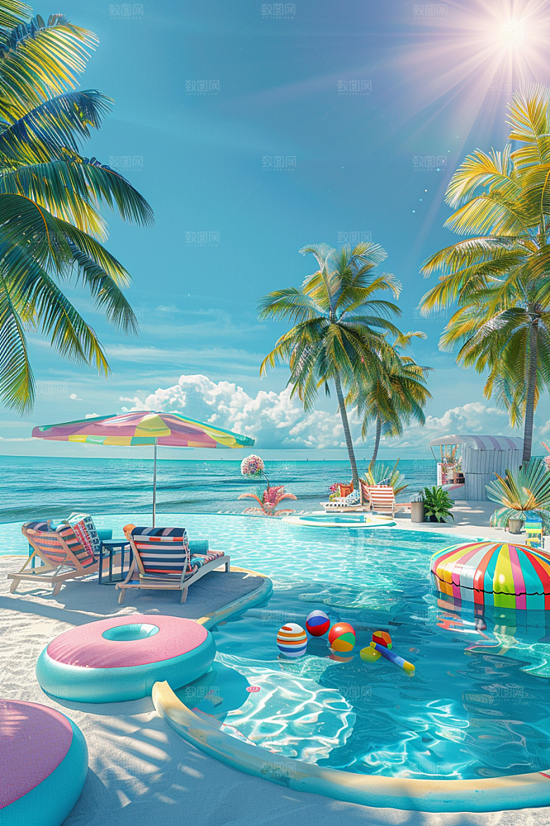 C4D海滩风光夏天模型