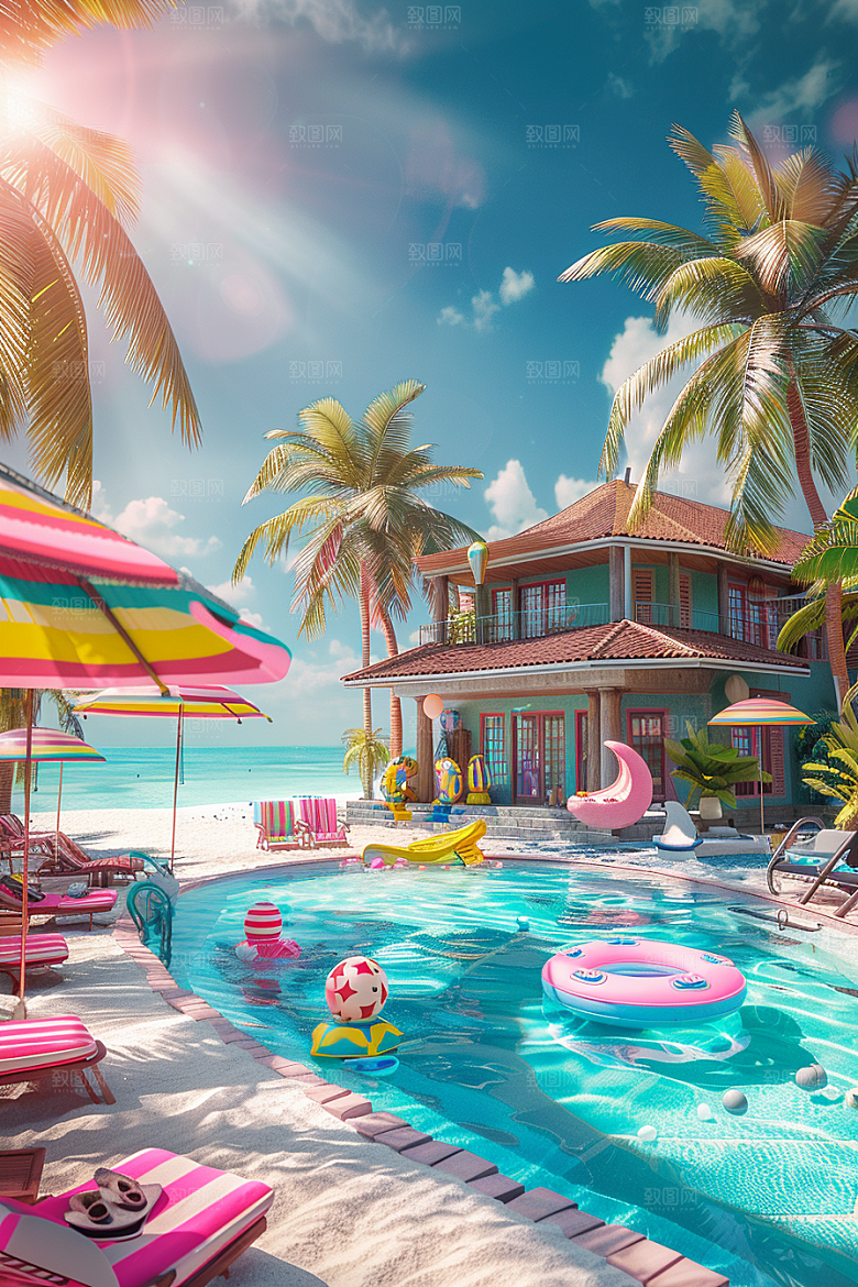 C4D海滩3D薄荷色模型
