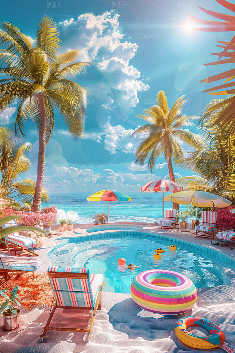 C4D海滩夏天度假模型