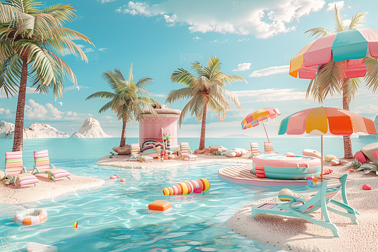 C4D海滩夏日琉璃大海模型