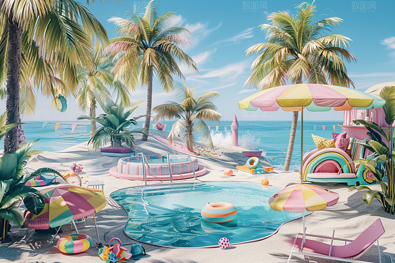 C4D海滩大海琉璃大海模型