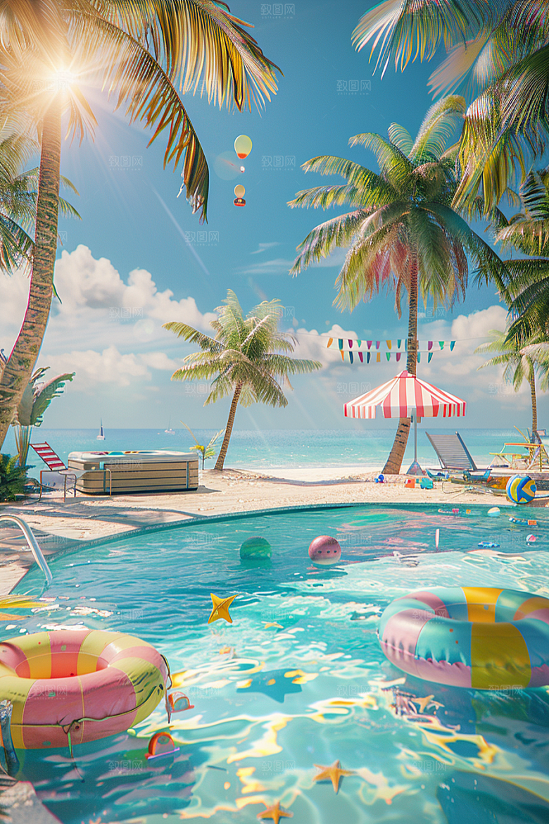 C4D海滩琉璃大海度假模型
