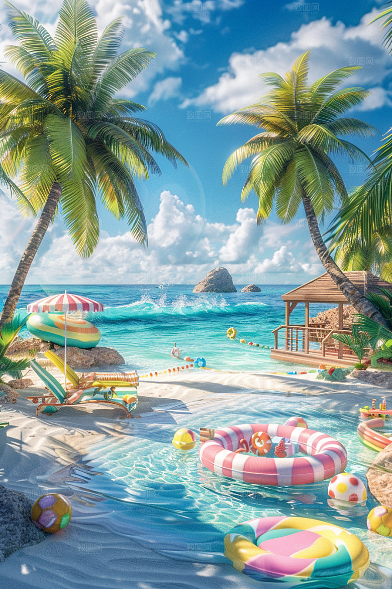 C4D海滩夏天琉璃大海模型