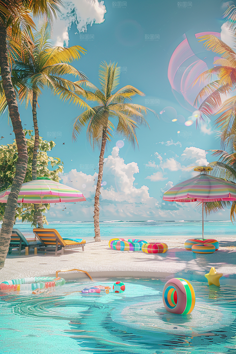 C4D海滩沙滩度假模型