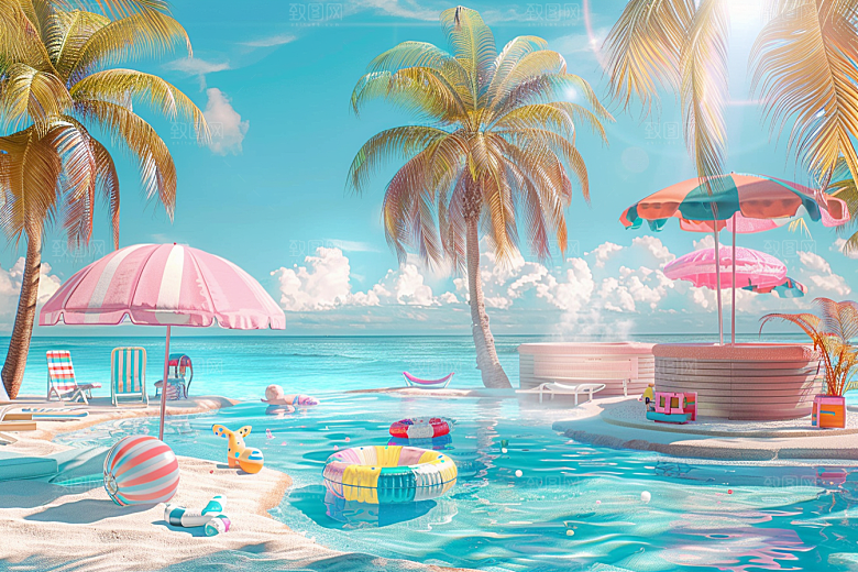 C4D海滩琉璃大海立体模型