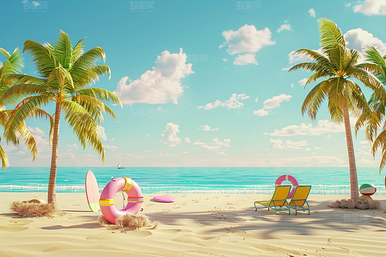 C4D海滩风光夏天模型