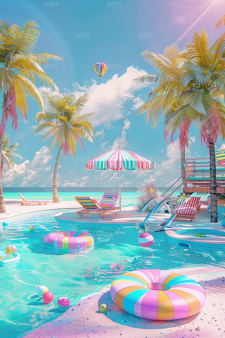C4D海滩海岛旅游立体模型