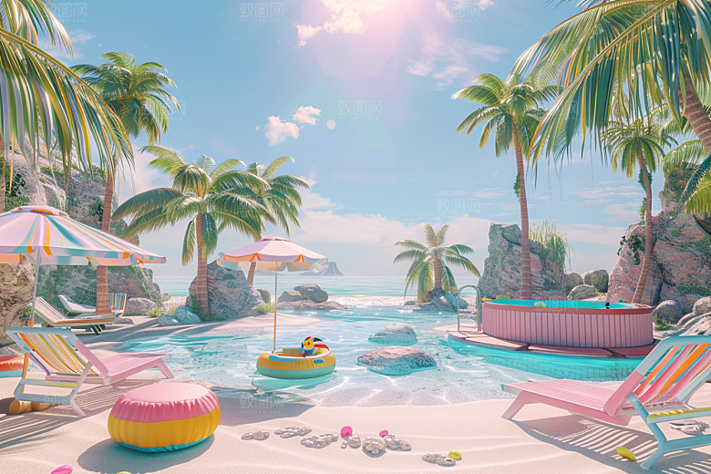 C4D海滩沙滩夏天模型