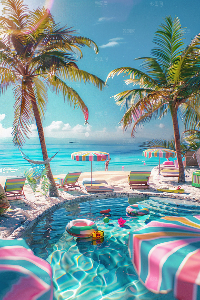 C4D海滩风光夏天模型