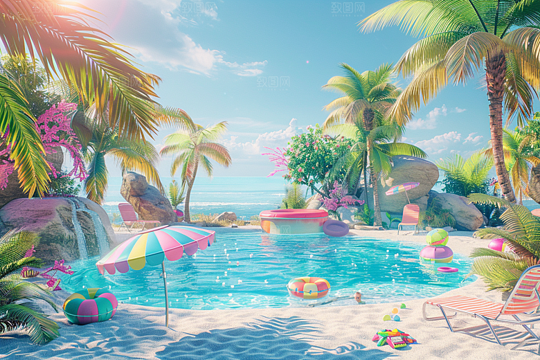 C4D海滩立体夏天模型