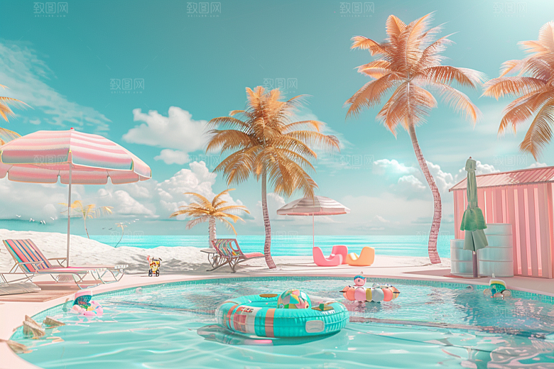 C4D海滩自然度假模型