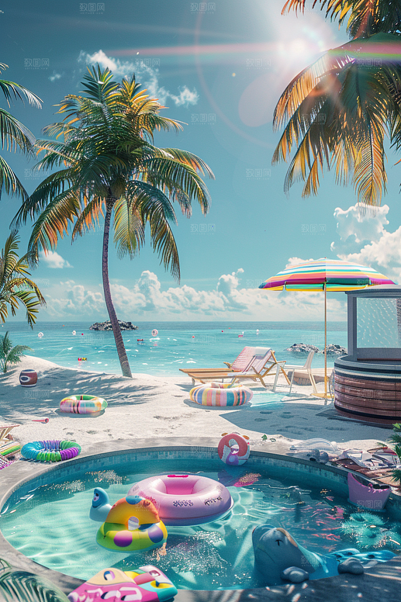 C4D海滩大海夏日模型