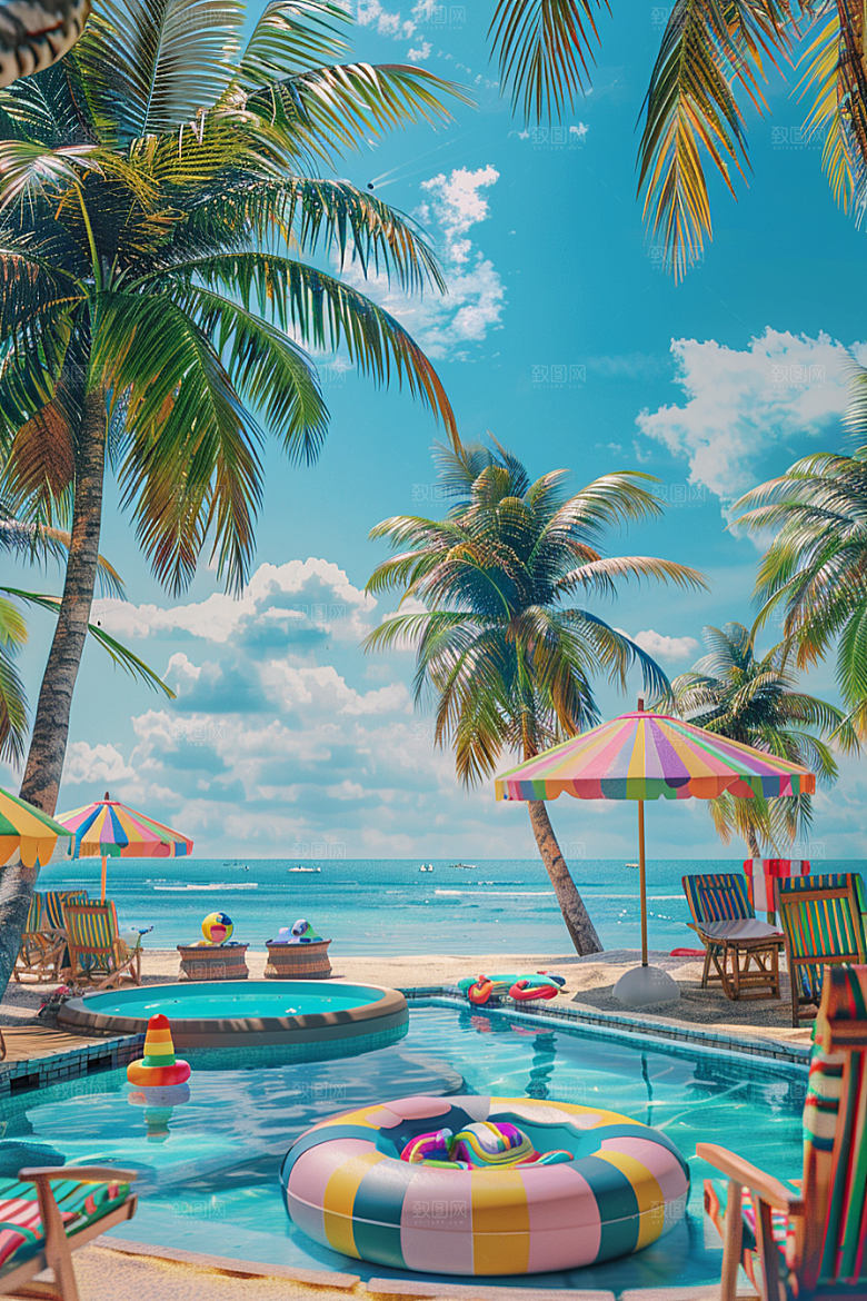 C4D海滩夏日琉璃大海模型