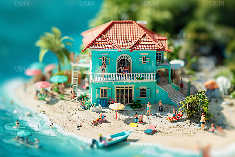 C4D海滩3D薄荷色模型
