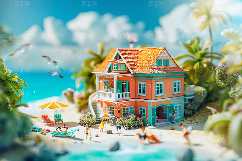 C4D海滩度假夏天模型