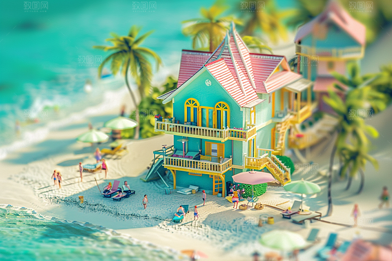 C4D海滩3D琉璃大海模型