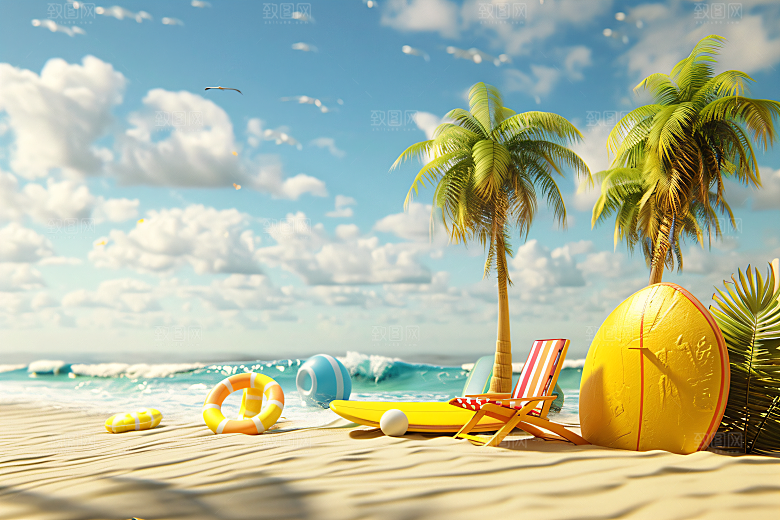 海滩C4D夏日模型